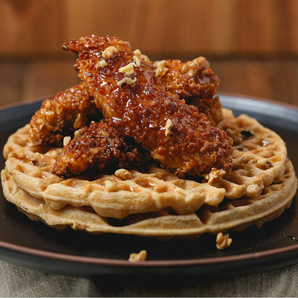 Gluten Free Pretzel Crusted Chicken and Waffles with Rum Sauce