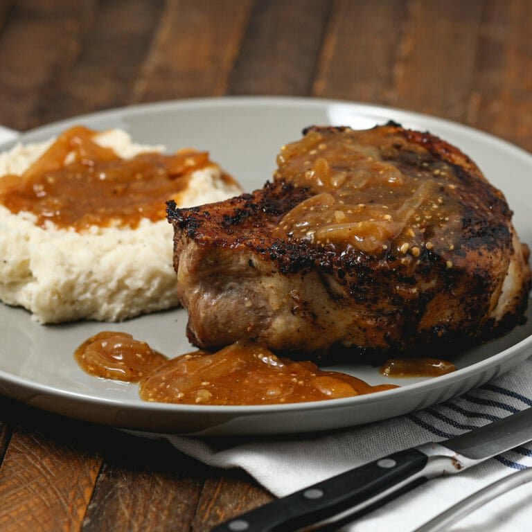 Rose Harissa Pork Chops with Onion Gravy