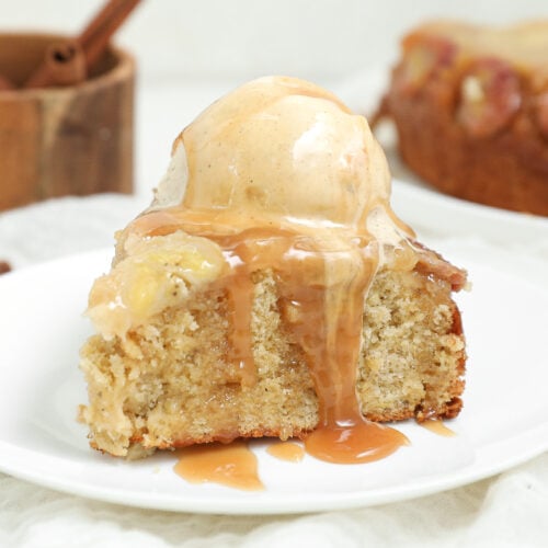 Banana Caramel Upside Down Cake topped with caramelized banana slices and drizzled with caramel sauce.