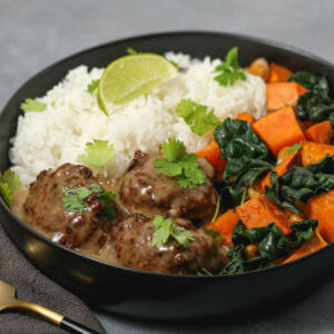 East Coconut Curry Pork Meatballs with Roasted Vegetables