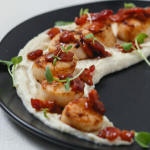 Scallops with Bacon Jam and Dairy Free Celery Root Puree