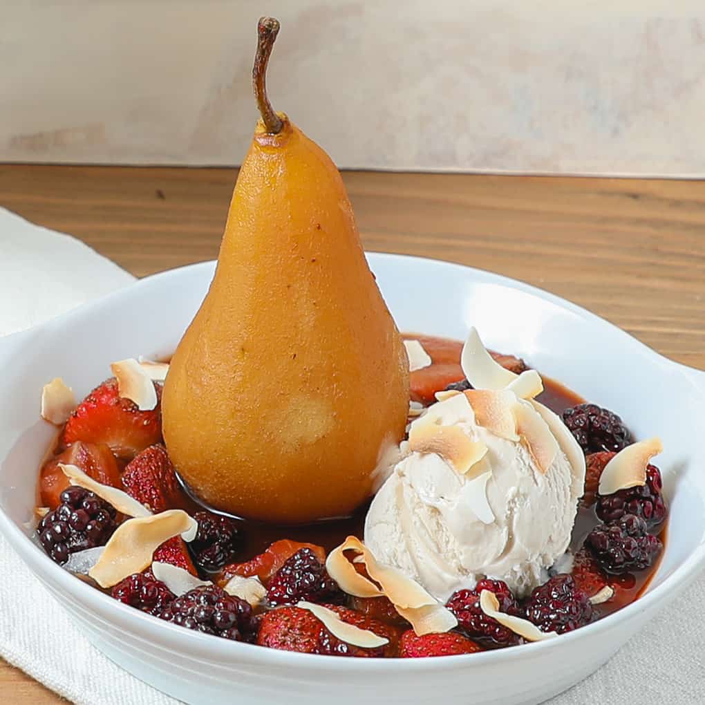 gluten free spice poached pears with balsamic berry sauce