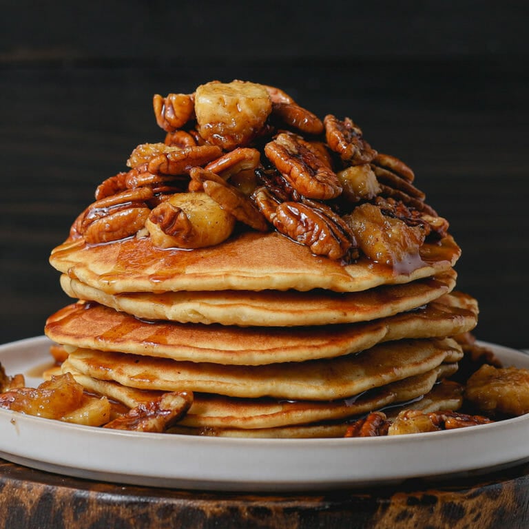 Gluten Free Bananas Foster Pecan Pancakes