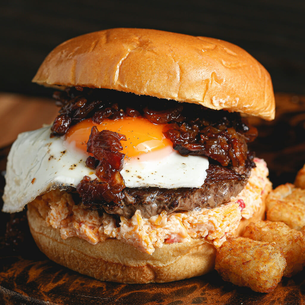 Gluten and Dairy Free Pimento Cheese Burgers with Bacon Jam