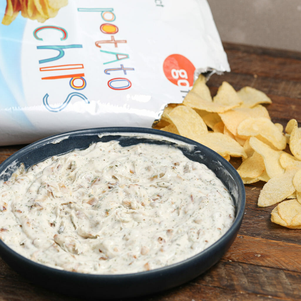 Dairy Free Caramelized Onion Dip with Potato Chips