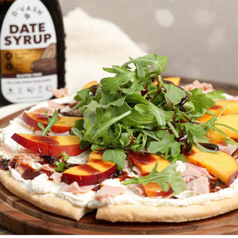 Gluten Free Ham Peach Pizza with Date Syrup