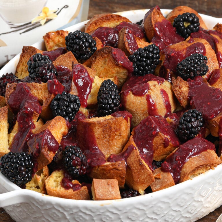 Blackberry French Toast Casserole baked with juicy berries, soft custard-soaked bread, and a golden crisp top