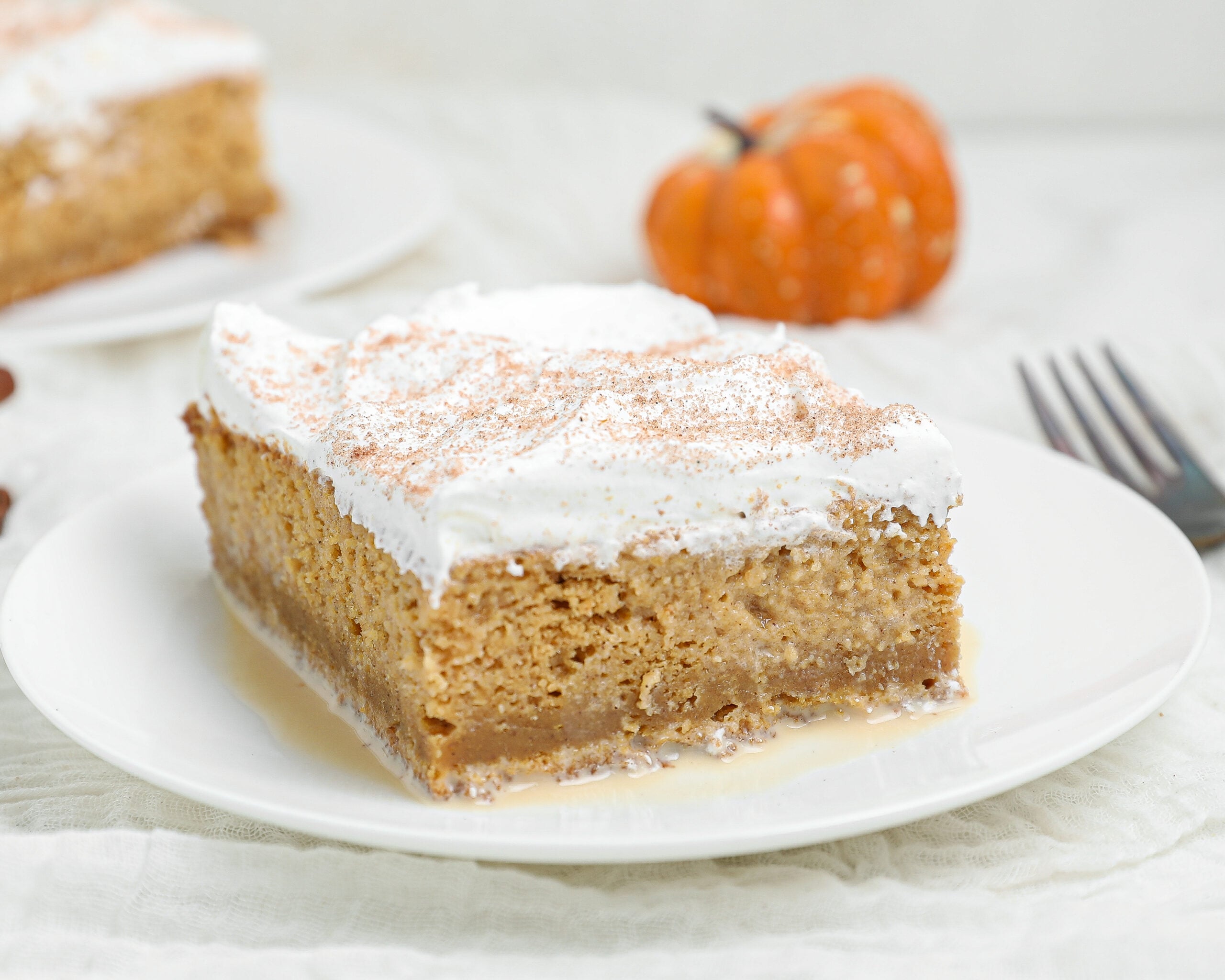 Pumpkin Tres Leches Cake topped with whipped cream and pumpkin spice on a white plate