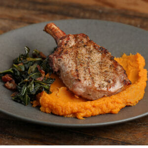 Pork Chops with Collards and Miso Sweet Potatoes