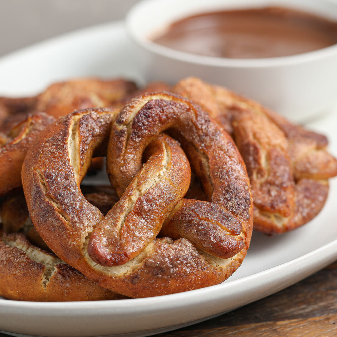 Cinnamon and Sugar Pretzels with Chocolate Sauce