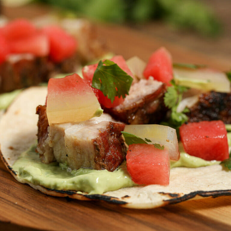 Pork Belly Tacos with Green Onion Sauce and Watermelon Salsa