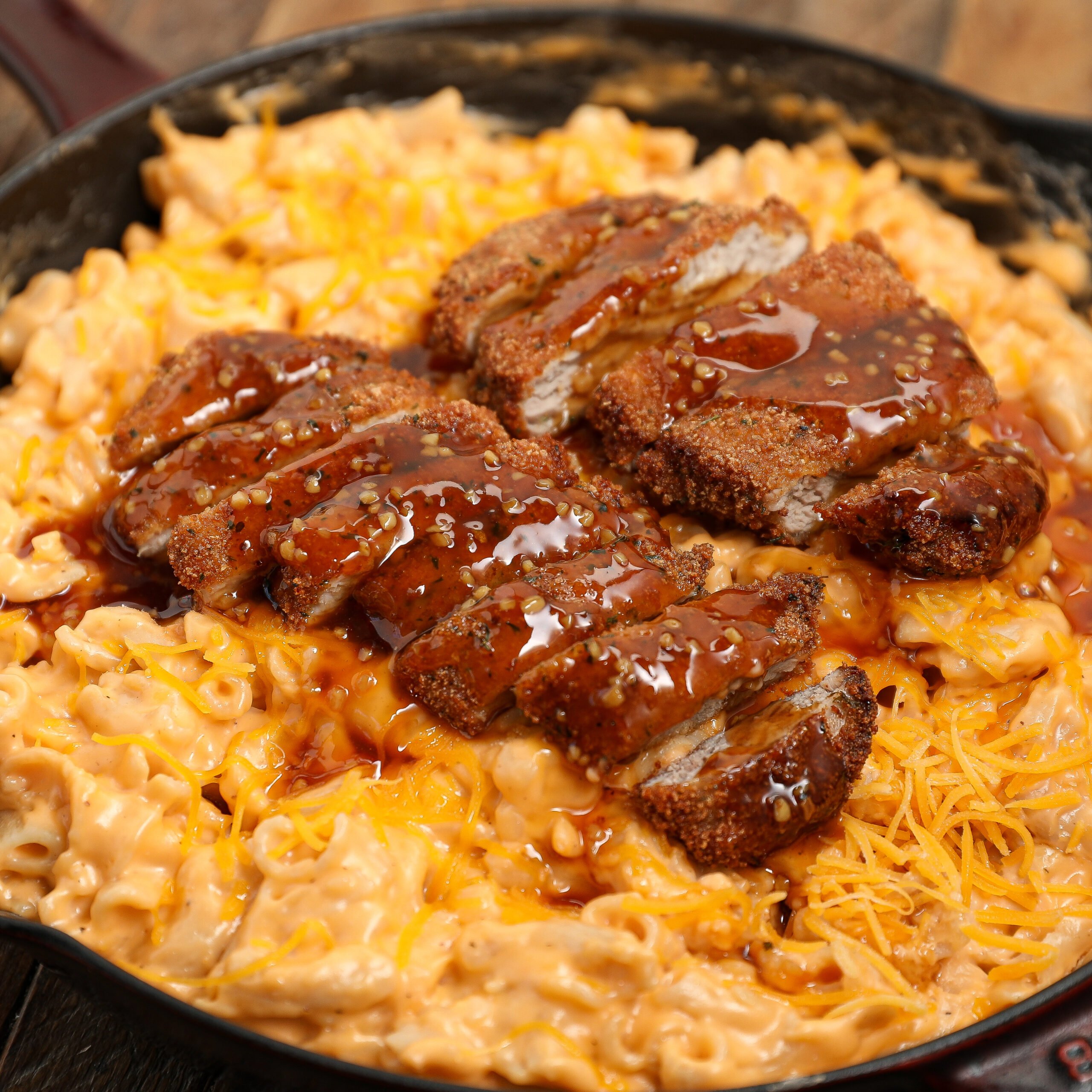 Honey Garlic Crispy Pork Tenderloin Over Creamy Mac & Cheese