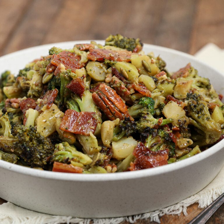 Roasted Broccoli Bacon Salad with Hot Honey Mustard Dressing