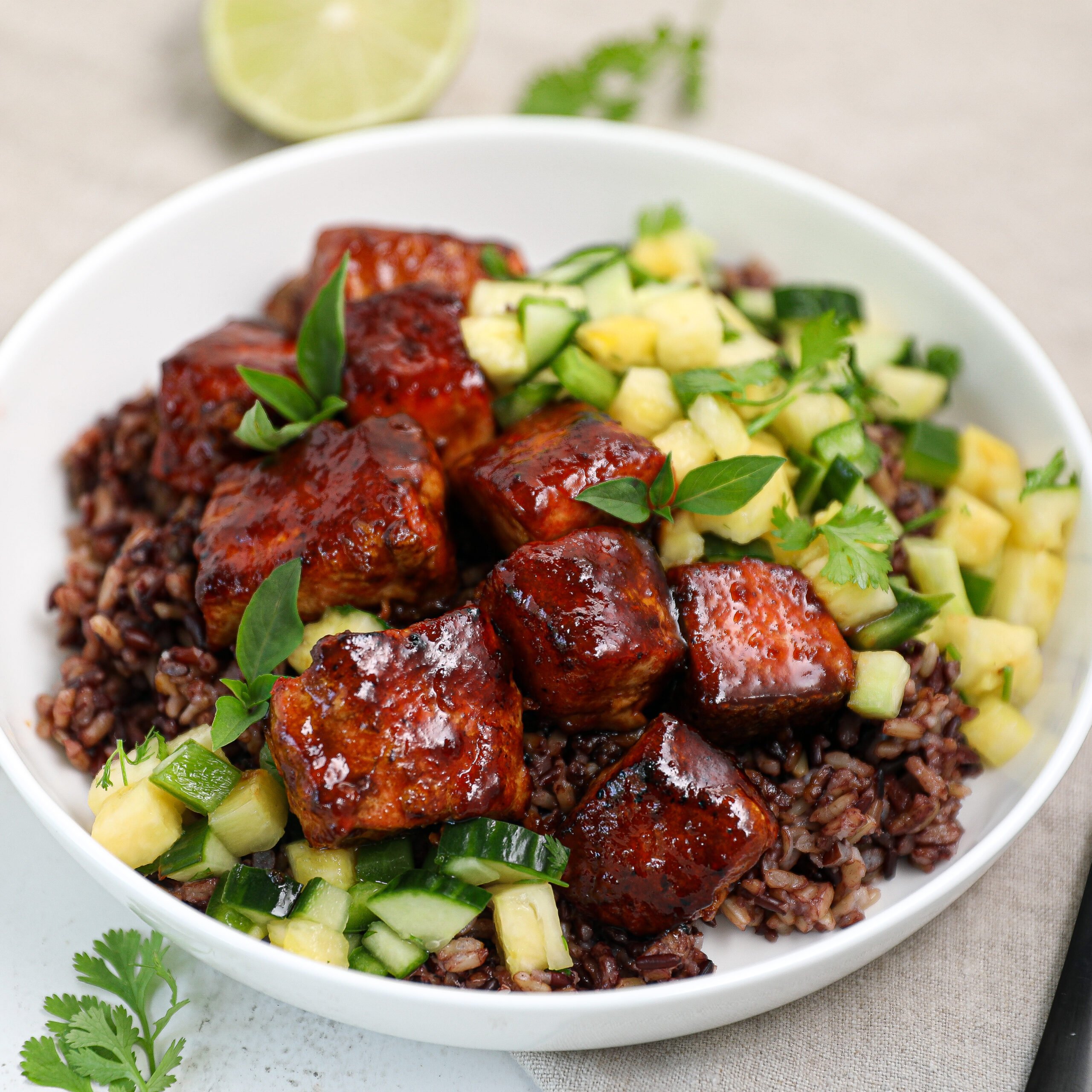 Korean BBQ Crispy Salmon Bowl with Pineapple Salsa