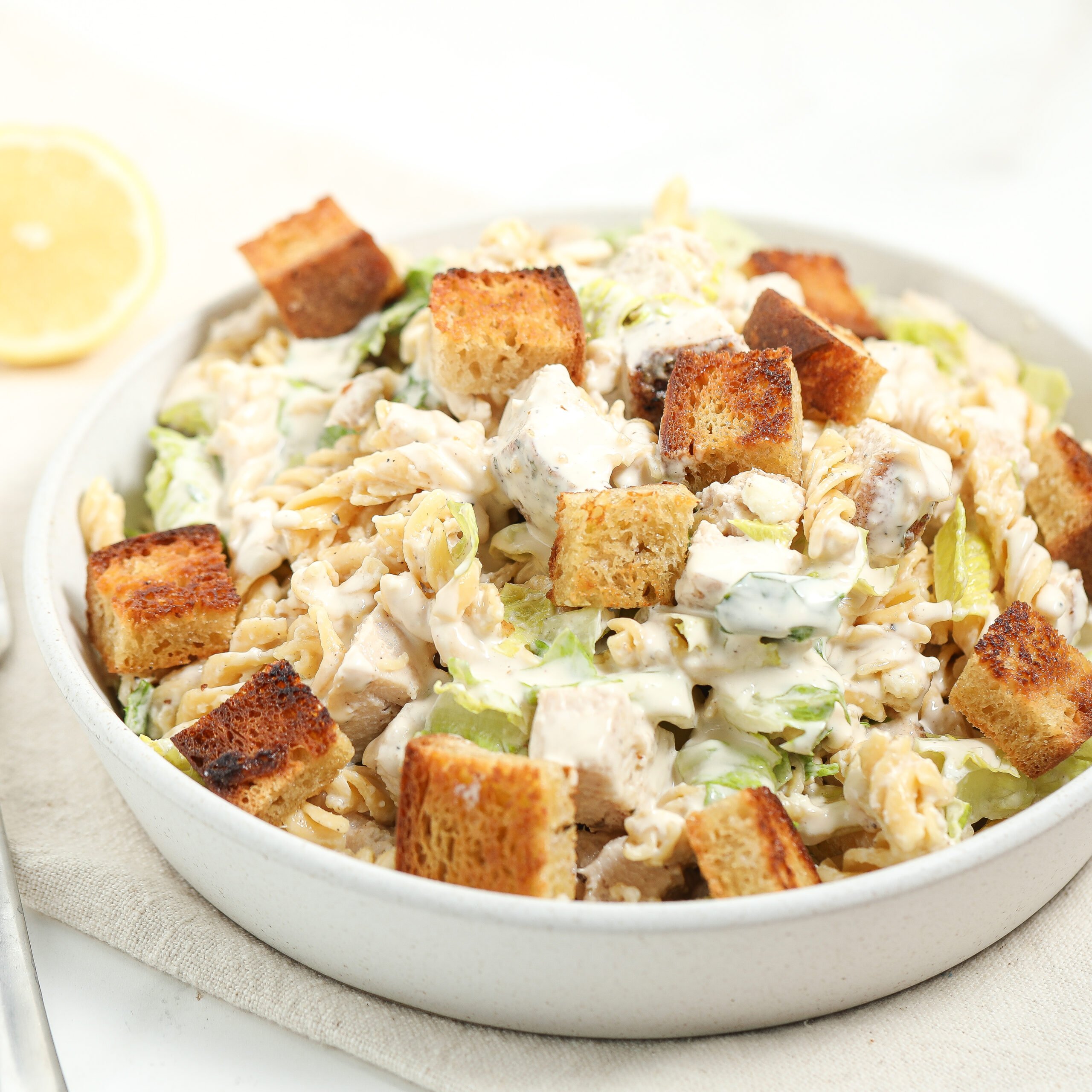 Easy Chicken Caesar Pasta Salad with Chickpea Pasta