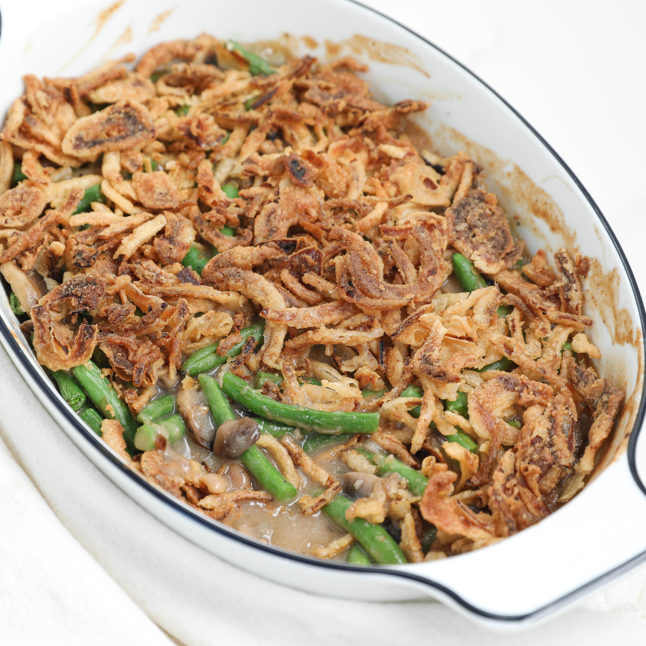 Classic Green Bean Casserole with Fresh Green Beans and Crispy Onions