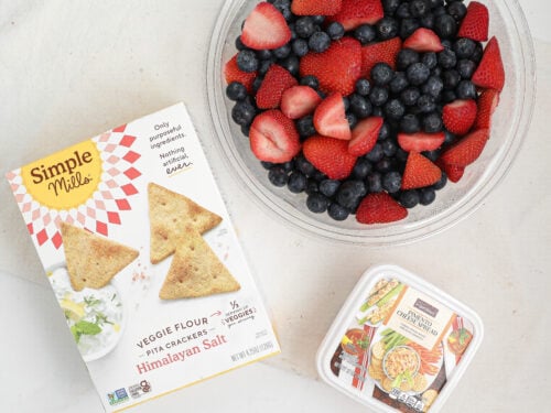 Food Lion beach snacks with fresh fruit, Simple Mills crackers, and ready-made pimento cheese spread