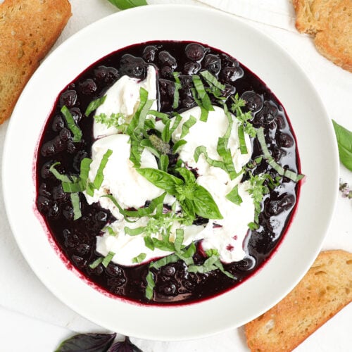 Blueberry burrata bruschetta with balsamic blueberries, basil, and toasted crostini.