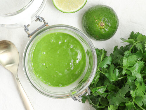 Homemade cilantro vinaigrette made with fresh cilantro, lime juice, olive oil, and honey.