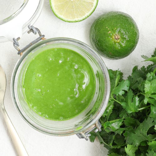 Homemade cilantro vinaigrette made with fresh cilantro, lime juice, olive oil, and honey.