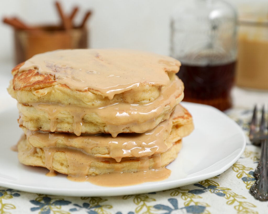 Plated Cottage Cheese Peanut Butter Pancakes are soft, fluffy, naturally high in protein, and made with simple ingredients for an easy breakfast everyone will love.