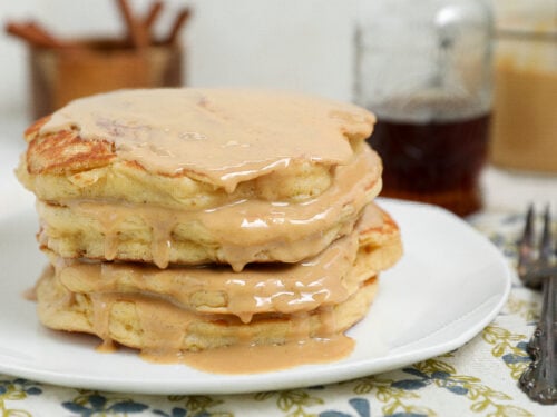 Plated Cottage Cheese Peanut Butter Pancakes are soft, fluffy, naturally high in protein, and made with simple ingredients for an easy breakfast everyone will love.
