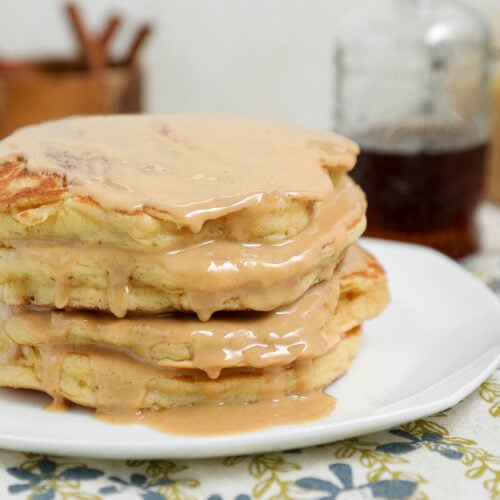 Plated Cottage Cheese Peanut Butter Pancakes are soft, fluffy, naturally high in protein, and made with simple ingredients for an easy breakfast everyone will love.