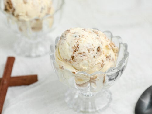 Carrot Cake Ice Cream with homemade carrot cake cookie pieces and creamy cream cheese ice cream served in a glass dessert dish.