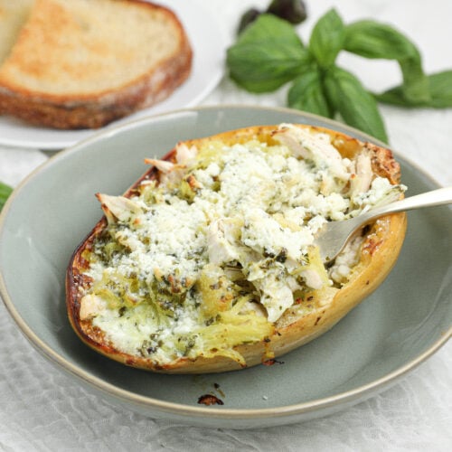 Chicken spaghetti squash with creamy pesto Alfredo sauce, shredded chicken, and Parmesan cheese.