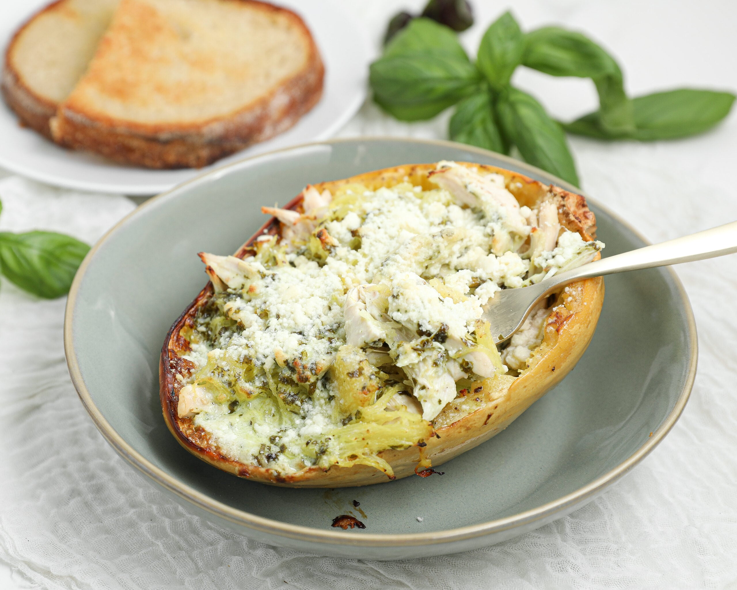 Chicken spaghetti squash with creamy pesto Alfredo sauce, shredded chicken, and Parmesan cheese.