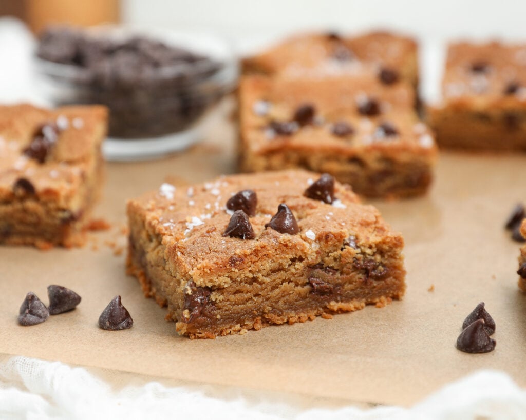 Peanut Butter Cookie Bars with chocolate chips and flaky sea salt