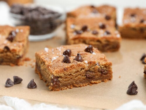 Peanut Butter Cookie Bars with chocolate chips and flaky sea salt