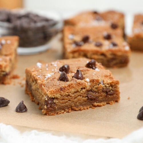 Peanut Butter Cookie Bars with chocolate chips and flaky sea salt