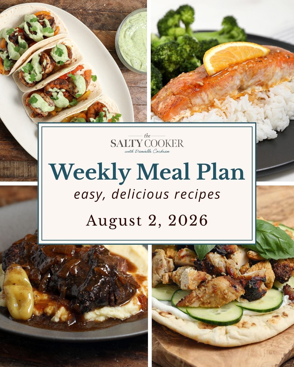 A grid of 4 weekly meal plan recipe photos with a text overlay