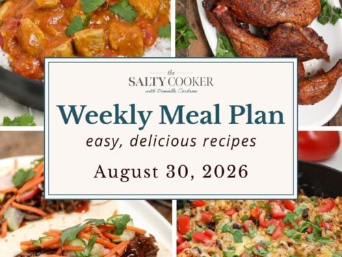 A grid of 4 weekly meal plan recipe photos with a text overlay