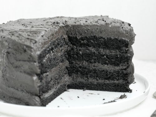 Black Cocoa Cake with dark chocolate frosting and three moist chocolate cake layers.