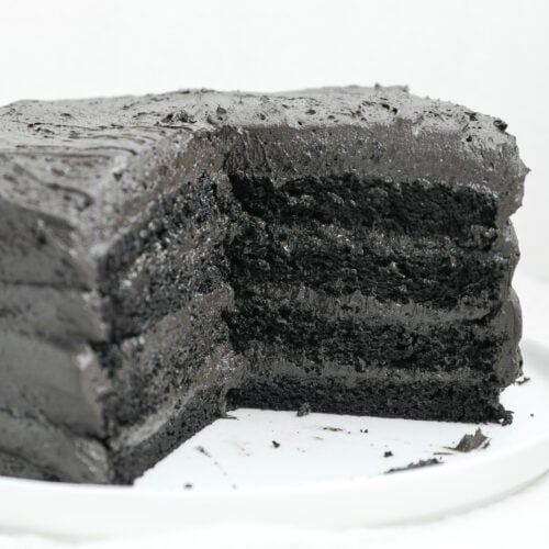 Black Cocoa Cake with dark chocolate frosting and three moist chocolate cake layers.