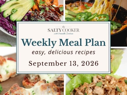 A grid of 4 weekly meal plan recipe photos with a text overlay. Korean BBQ chicken bowl, enchilada skillet, French bread pizza, and chicken mushroom lettuce wraps.
