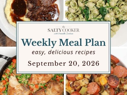 A grid of 4 weekly meal plan recipe photos with a text overlay. Pot roast, pesto pasta, arroz con pollo, and sausage and potatoes.
