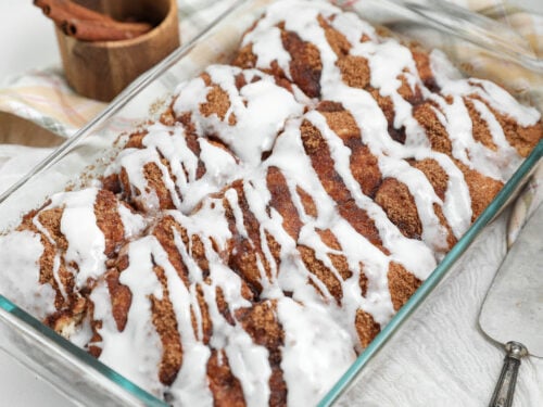 No roll banana bread cinnamon rolls with cinnamon sugar topping and cream cheese frosting