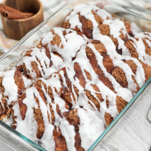 No roll banana bread cinnamon rolls with cinnamon sugar topping and cream cheese frosting