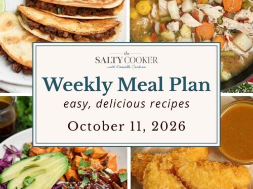 A grid of 4 weekly meal plan recipe photos with a text overlay. Crispy beef tacos, chicken stew, Korean BBQ chicken bowls, and cornflake chicken tenders.