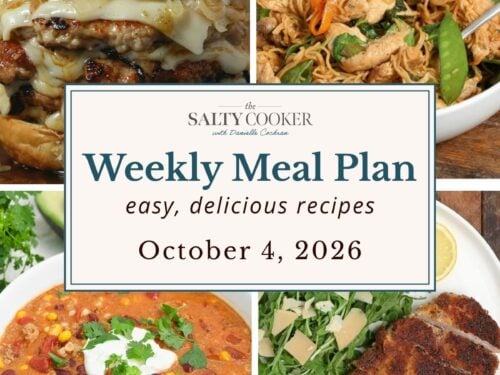 A grid of 4 weekly meal plan recipe photos with a text overlay. Green chicken chile smash burgers, chicken ramen stir fry, taco soup, and chicken Milanese.